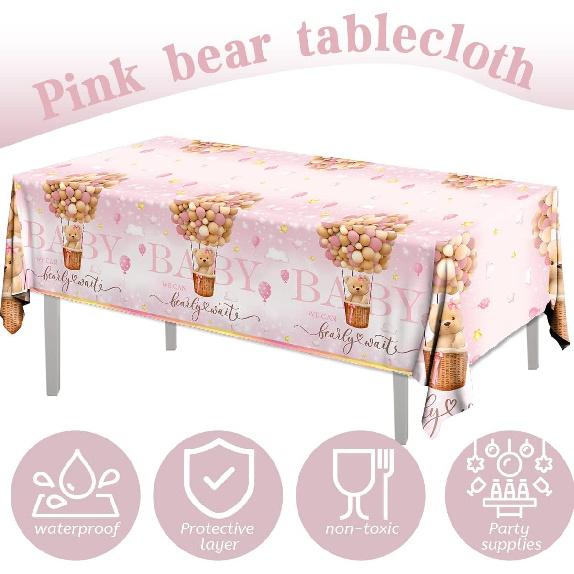 Bear Baby Shower Decorations,3pcs Pink Teddy Bear Baby Shower Tablecloths Bear Tablecloth Plastic Bear Baby Girl Table Covers for Girl Gender Reveal