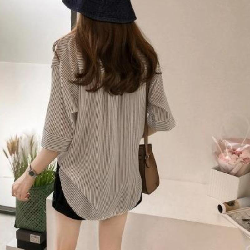 Summer Korean Version Loose and Slimming Striped Shirt Women's 3/4 Sleeved Versatile Casual Shirt