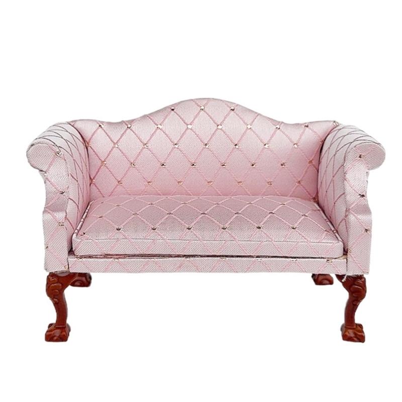 Miniature Pink Quilted Armchair Wooden Doll Furniture 1/12 Scale For Living Room Scene Accessories