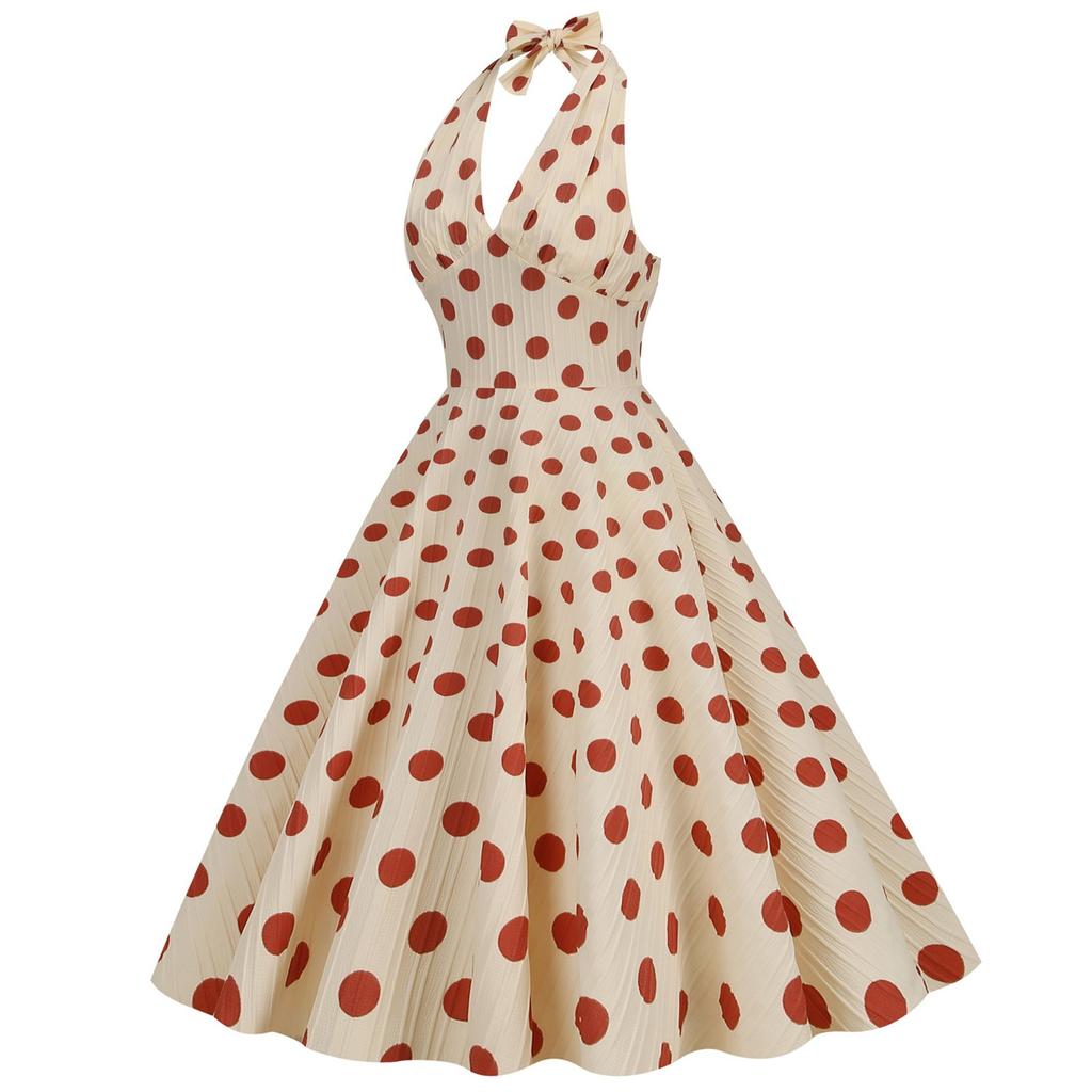 Women's Retro  High Waist Polka Dot Holiday Party Dress Neck Backless Sexy Midi Dress