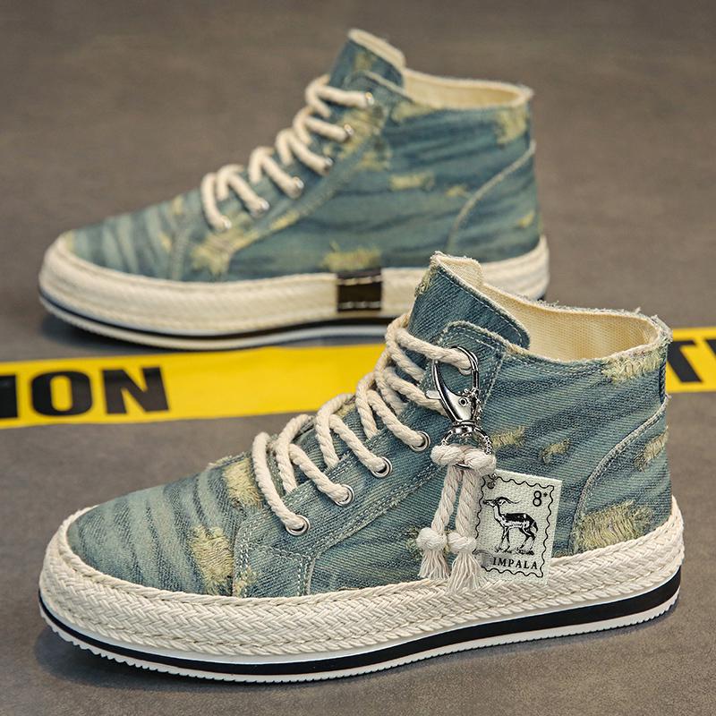 Fashion Denim Men's Canvas Shoes Breathable High Top Shoes for Men Slip On Sneakers Male Spring Summer Casual Platform Vulcanized Shoes