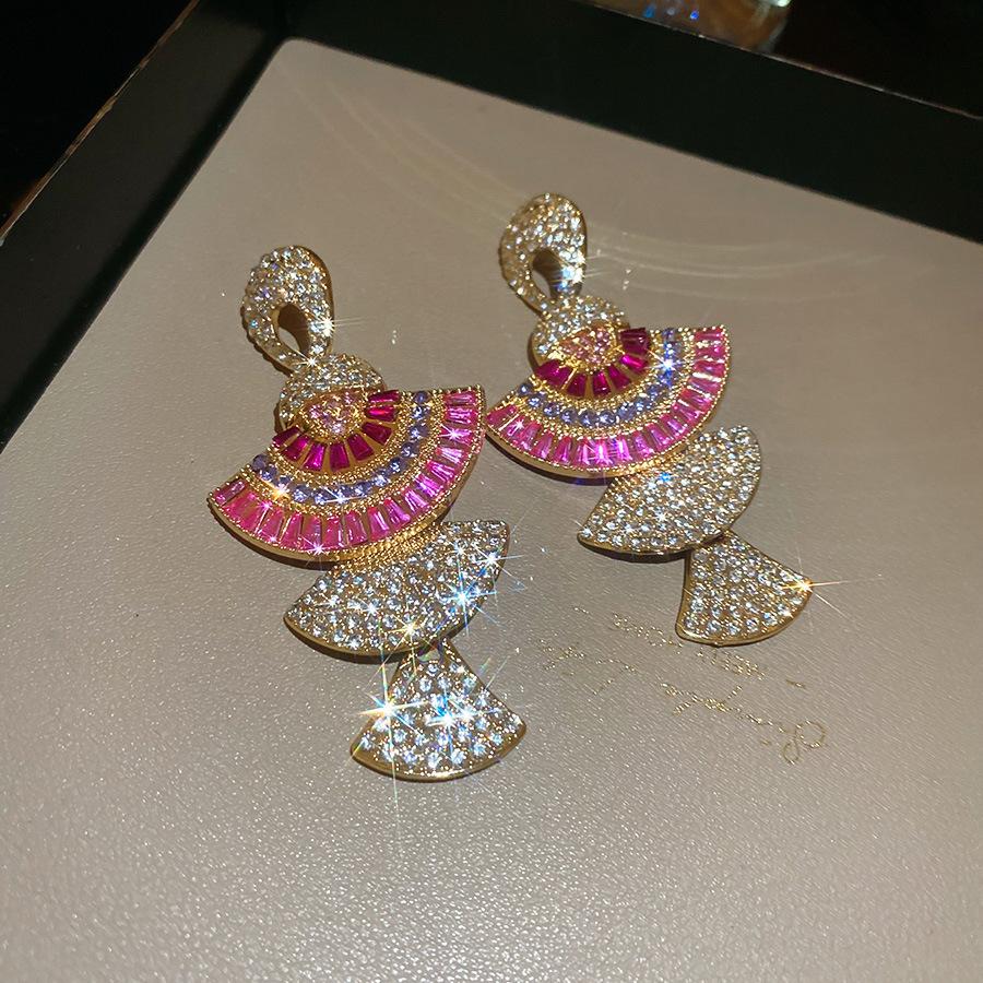 European and American geometric color flower zircon fringed earrings, stud earrings, exquisite luxury earrings, women