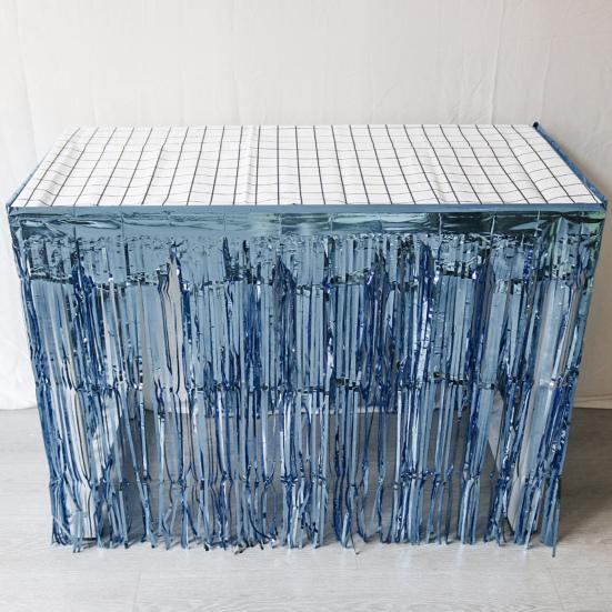 

275X75CM юбка для стола с кисточками, украшение для стола на десерт, однотонная металлическая фольга, прямоугольная юбка для свадебного банкета, дискотеки, дня рождения синий