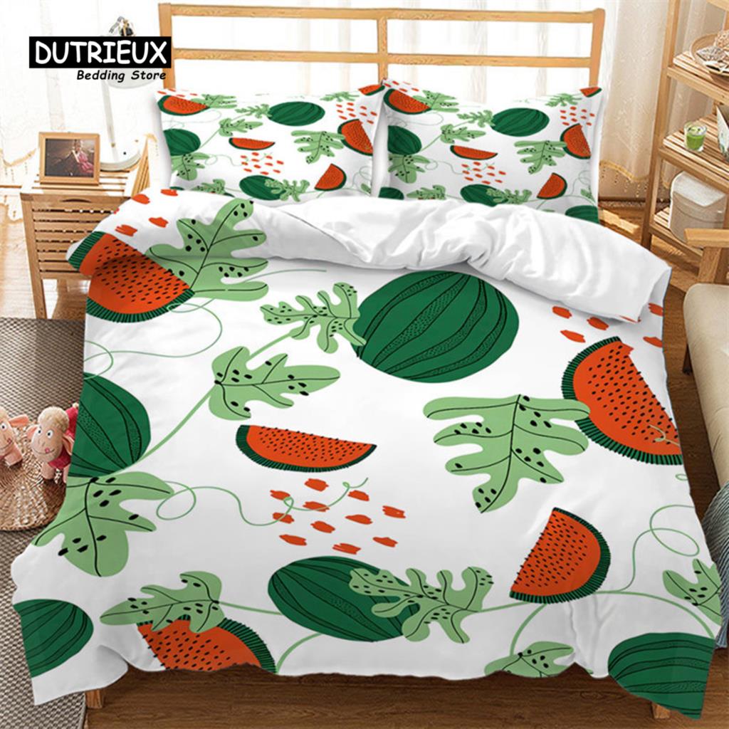 Summer Tropical Fruit Bedding Set Cartoon Fruits Orange Lemon Print Duvet Cover Microfiber Double Comforter Cover Bedroom Decor