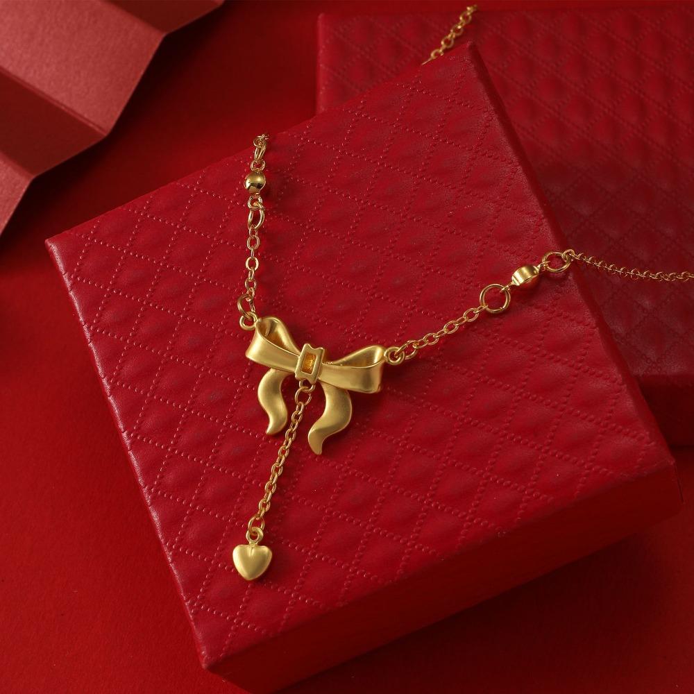 Fashion Sweet Gold Color Stainless Steel Bowknot Bracelet Necklace for Women Temperament Pearl Long Tassel Princess Jewelry Sets