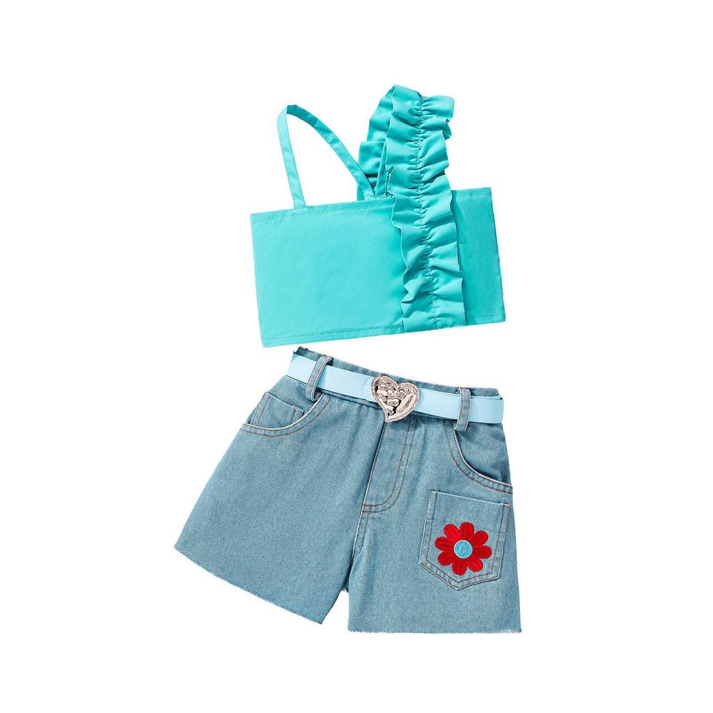 Girls' Fashion Casual Set 2025 Summer Children's Casual Halter Top + Floral Shorts + Belt Set