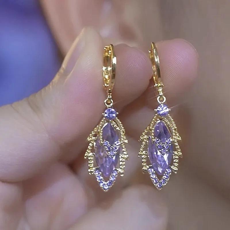 Golden branches and jade leaves champagne color full diamond leaves ear buckles, exquisite double leaf earrings temperament earrings women фиолетовый