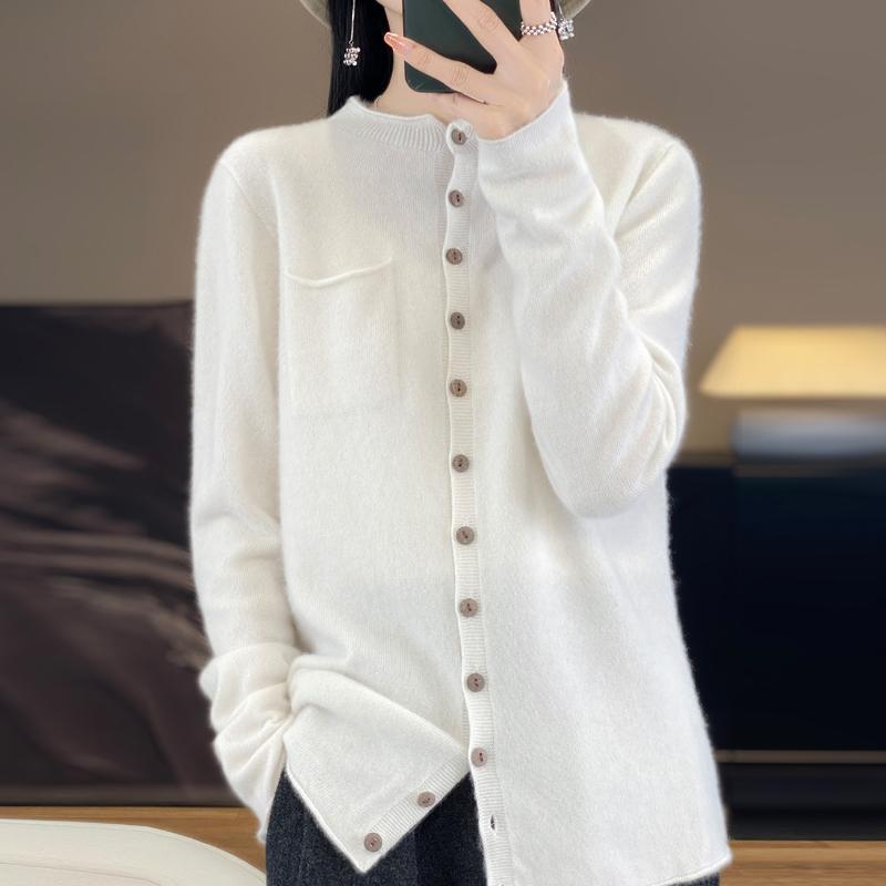 100% Merino Wool Women's Sweater Cardigan Fashion Crewneck High Quality Crimped Knit Sweater Pure Color Pocket Loose Sweater