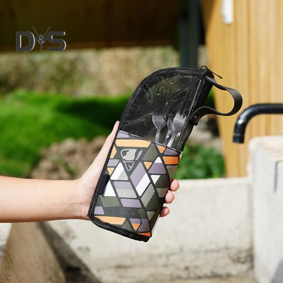 Outdoor Cutlery Storage Bag with Mesh Pocket Waterproof Portable Travel Camping Picnic Chopstick Fork Spoon Utensils Organizer Drying Carrying Bag