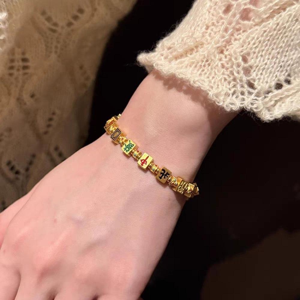 Chinese Character Mahjong Beads Bracelets Hand Jewelry Bohemian Style Bangle Couple