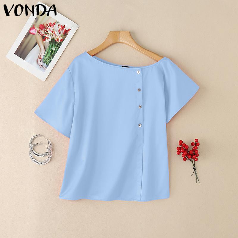 

VONDA Летняя женская блузка с одним плечом, нерегулярным коротким рукавом, повседневная 4XL синий