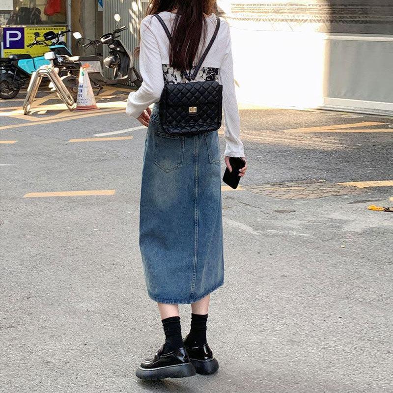 Bottoms Elegant Classic Woman Design Pockets Women Split A-line Vintage Package Hip Mid-length Versatile Comfortable Fashion Denim Bustier Skirt