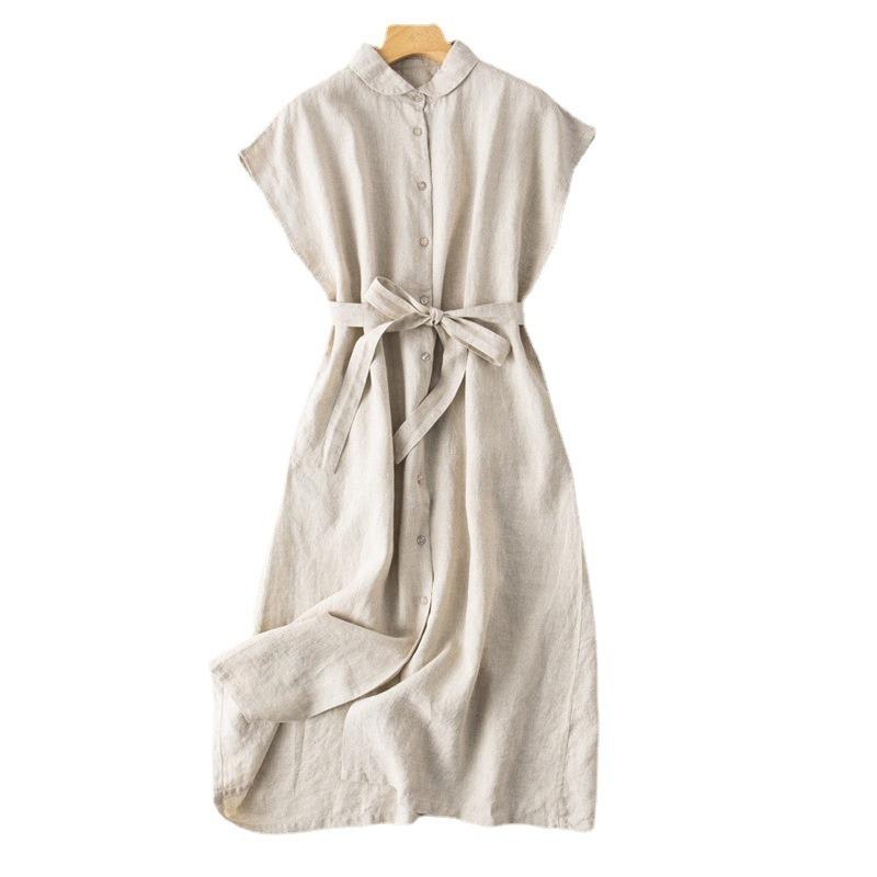 Summer New Literary and Loose Solid Color Cotton and Linen Lapel Sleeveless Dress Women's Waist Medium and Long