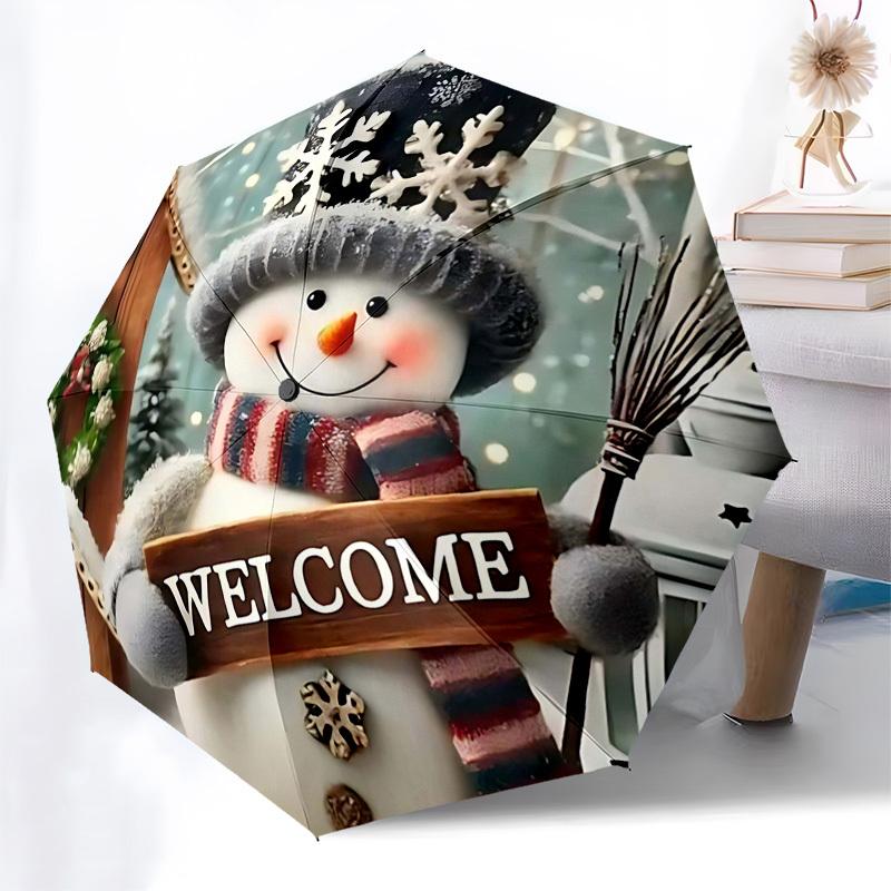 

1pc Winter Wonderland Snowman with Welcome Sign, Auto Open Close Umbrella, Portable Tri-Fold Design, 8-Bone Iron Frame Outdoor Umbrella, Festive Gif