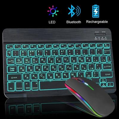Şarj edilebilir Kablosuz RGB Bluetooth Klavye ve Fare IPad Android IOS Windows Tablet Dizüstü Bilgisayar için Rusça İspanyolca Kore Arkadan Aydınlatmalı
