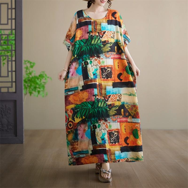 Abito estivo lungo maxi casual ampio da donna taglie forti manica corta cotone floreale vintage nuovo