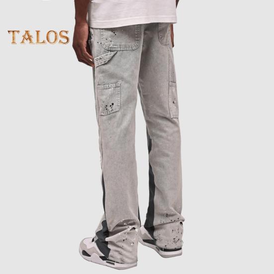 Męskie workowate dżinsy dzwony elastyczny denim casualowe spodnie robocze vintage patchworkowe spodnie rozszerzane do noszenia na co dzień podróże praca