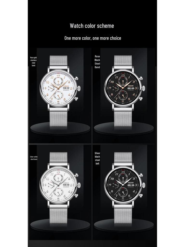NESUN Herren Automatische Mechanische Uhr, Multifunktionale Wasserdichte Leder-Stahl Armbanduhr 9029