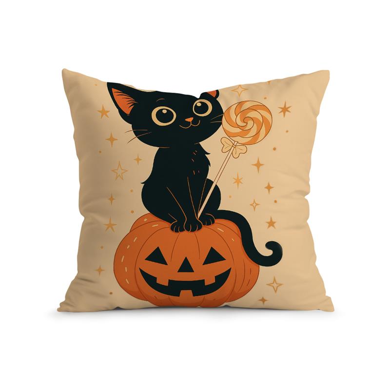 Home Decor Cute Black Cats with Pumpkins and Lollipops Pattern Cushion Cover Suitable for Sofa Bedroom Car Pillow Cover