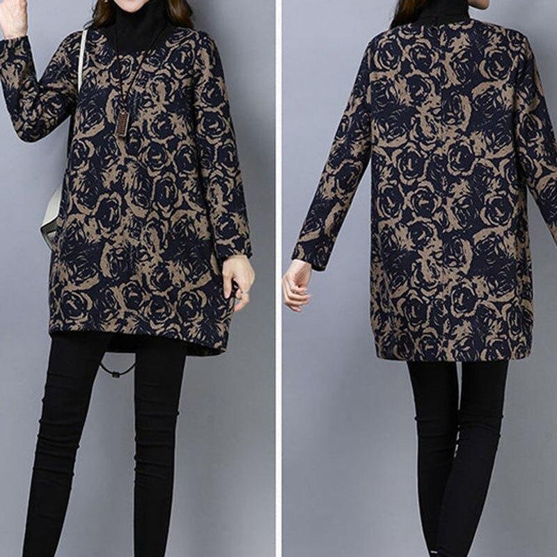 Herbst Winter Rollkragen Vintage Gedruckt Dickes T-shirt frauen Kleidung Mode Langarm Lose Midi Tops Pullover Weibliche