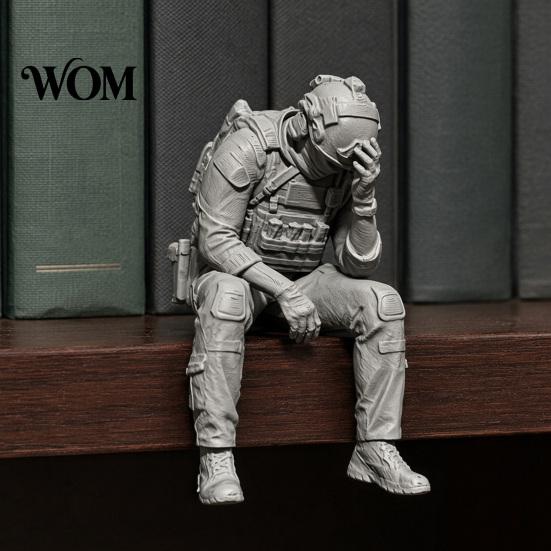 Tactical Equipment Sculpture 3D Printed Soldier Figurine Ornament, Sitting Statue, Desk Accessory Funny Tired for Table Shelf Edge Decor Miniature