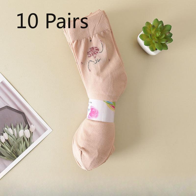 10 Pairs of Women's Summer Thin Old Jacquard Anti Hook Silk Loose Mouth Mid Aged Tube Socks