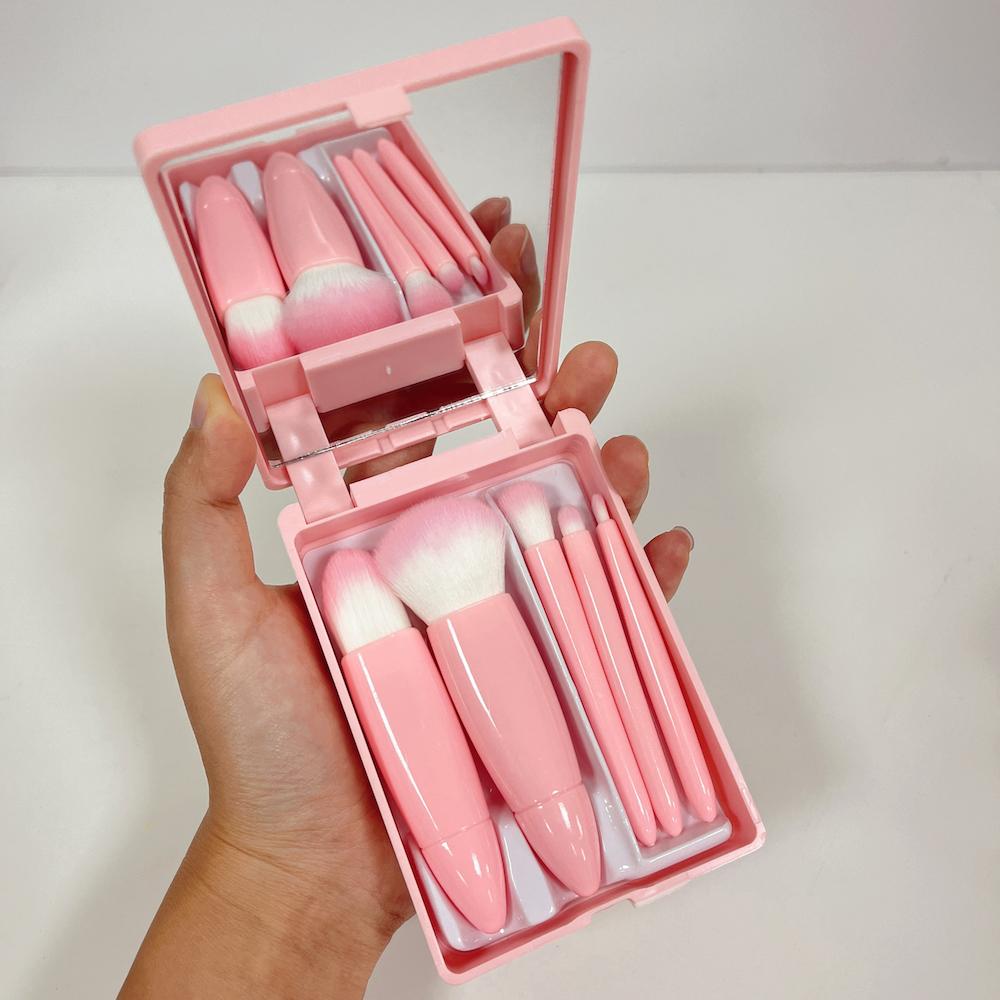 Custom Travel Portable 5pcs Mini Makeup Brushes Tool Set Cosmetic Powder Eye Shadow Foundation Make Up Brush With Box and Mirror