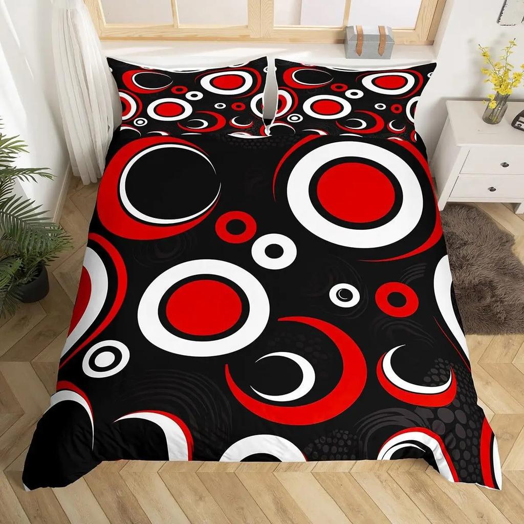 Abstract Geometric Curve Print Duvet Cover Set, Red Black White Modern Bedding Set, Soft Microfiber Quilt Cover With Pillowcases