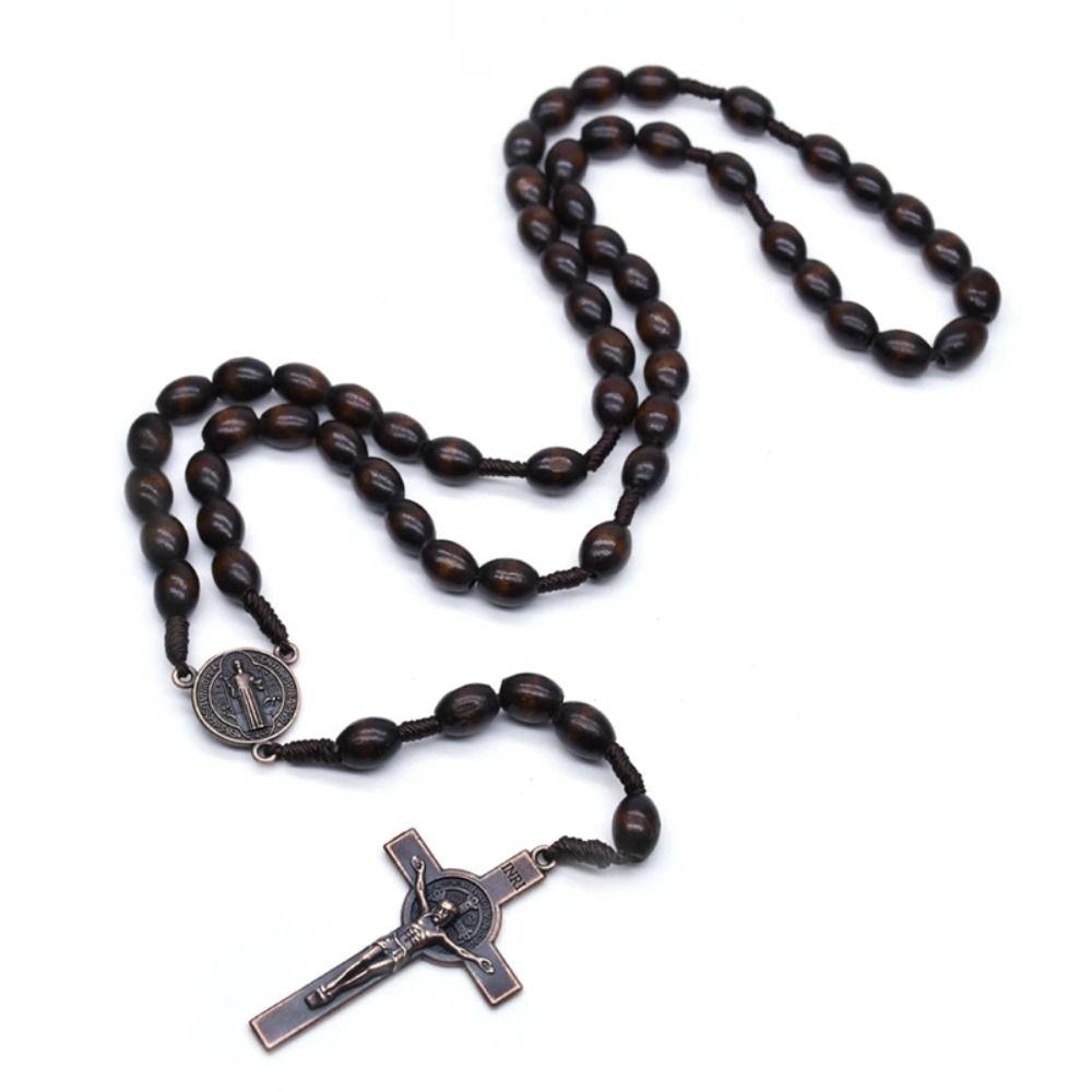 Wood Wood Beads Necklace Car Hanging Ornament Crucifix Pendant Chain Handmade Rosary Necklace  Men