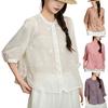 Women Shirt Round Neck 46085 Sleeve Buttons Placket Shirt Tops Pure Color Floral Embroidery