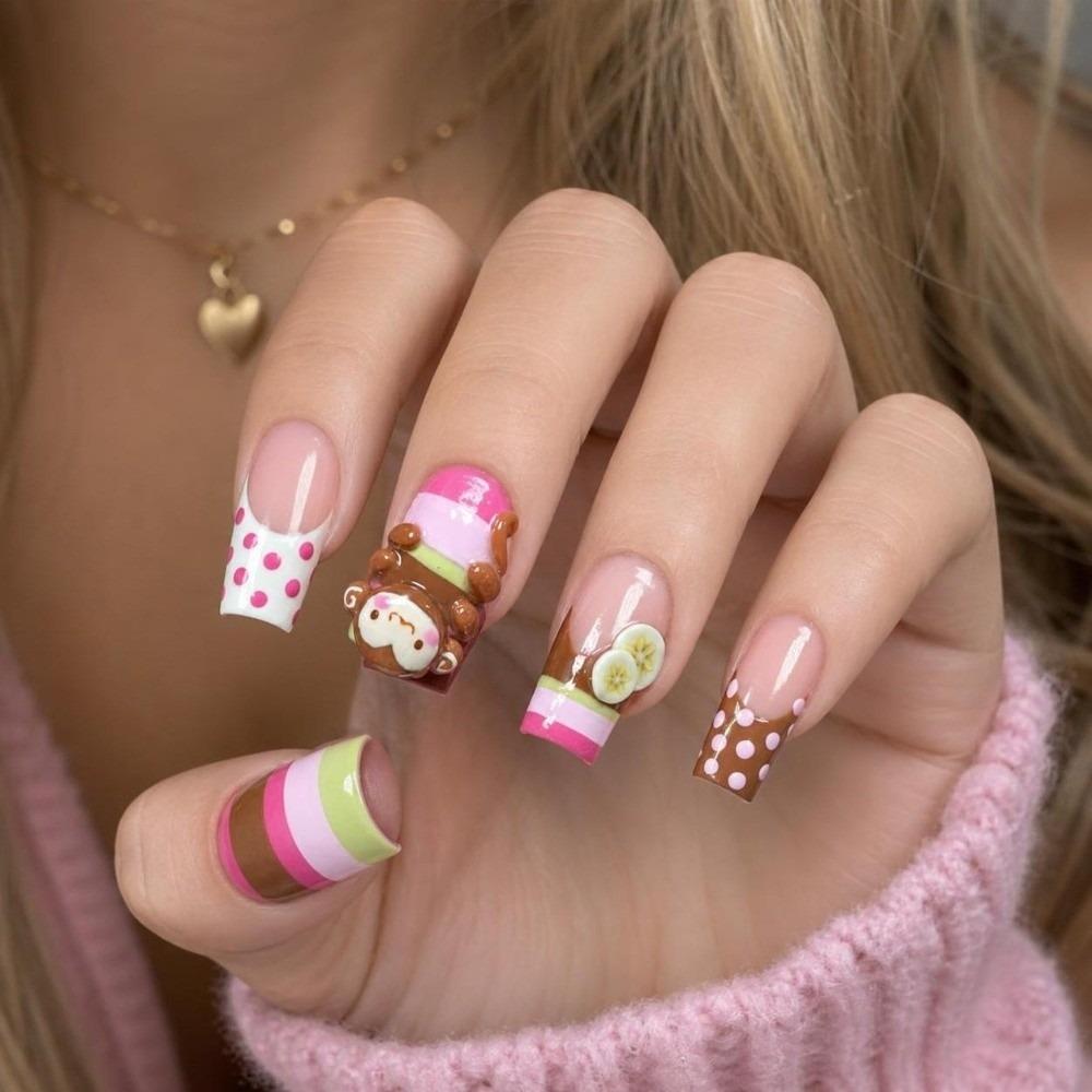 24pcs Monkey Banana Chips Decor Press On Nails Y2K French Nails Reusable Fake Nails Girls
