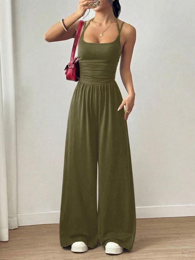 Women's Crisscross Spaghetti Strap Square Neck Ruched High Waist Wide Leg Long Jumpsuit Casual Summer Romper