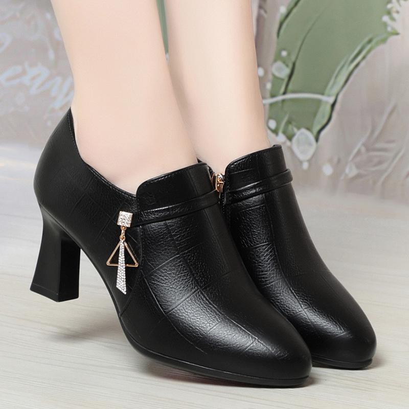 Fashion Elegant Deep Mouth Soft Leather Shoes Women Pumps Platform Spring 2024 Med Block Heels Shoes For Office Model Mom Anti-slip