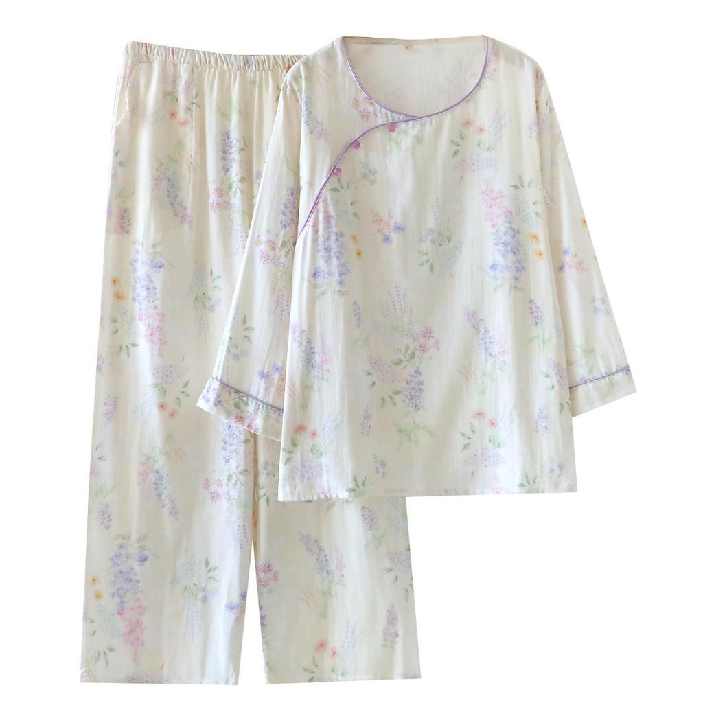 Damen Pyjama-Set aus reiner Baumwolle - Süßer chinesischer Stil, Langarm & Hose, mit Seitentaschen, Lockerer Schnitt für Frühling, Sommer und Herbst.