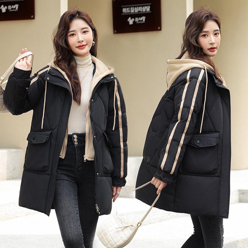 

Women s Hooded Two-Piece Look Down Cotton Coat - Mid-Length, Thick, Loose Fit, Winter Jacket 2XL (recommended 70-77.5 kg) грязно-белый