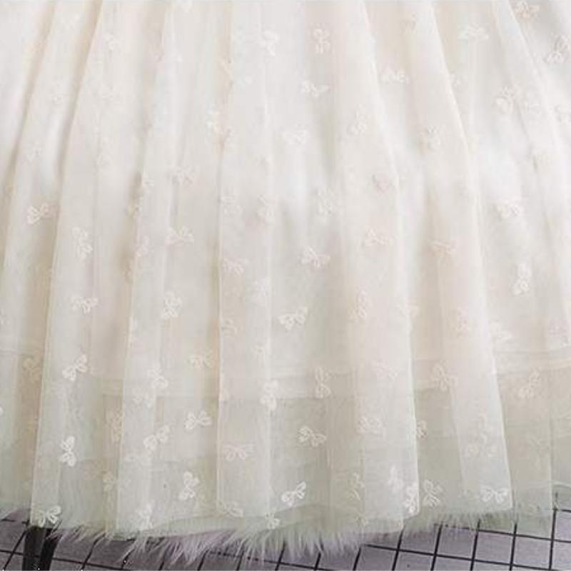 WTEMPO Brand High Waist Slim Mesh Skirt Flocked Bowknot Mesh Mid-length Half-length Dress Fashion Solid Color Versatile Pleated A-line Skirt