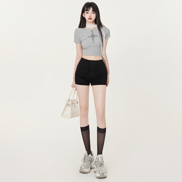 

European & American Style High-Waisted Peach Hip Denim Shorts - Slimming Casual Summer Wear M чорний