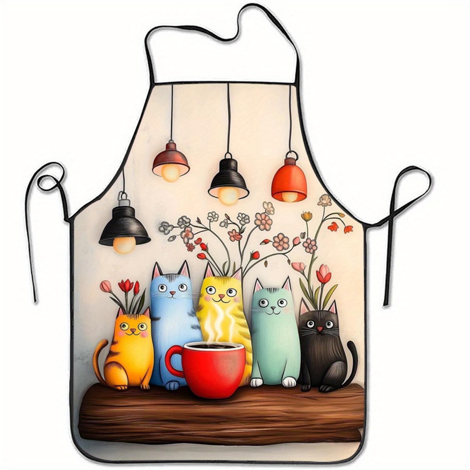 Colorful Cartoon Cats Apron, Cute Cat Group with Coffee Cup Pattern, Kitchen Cooking Bib, Multiple Sizes Available 38X47cm(15X19in)