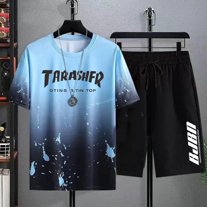 Nové Pánské Tričko s Krátkým Rukávem a Šortky z Ledového Hedvábí s Gradientem 2dílná Sada Ležérní Sportovní Letní Móda Pro Muže