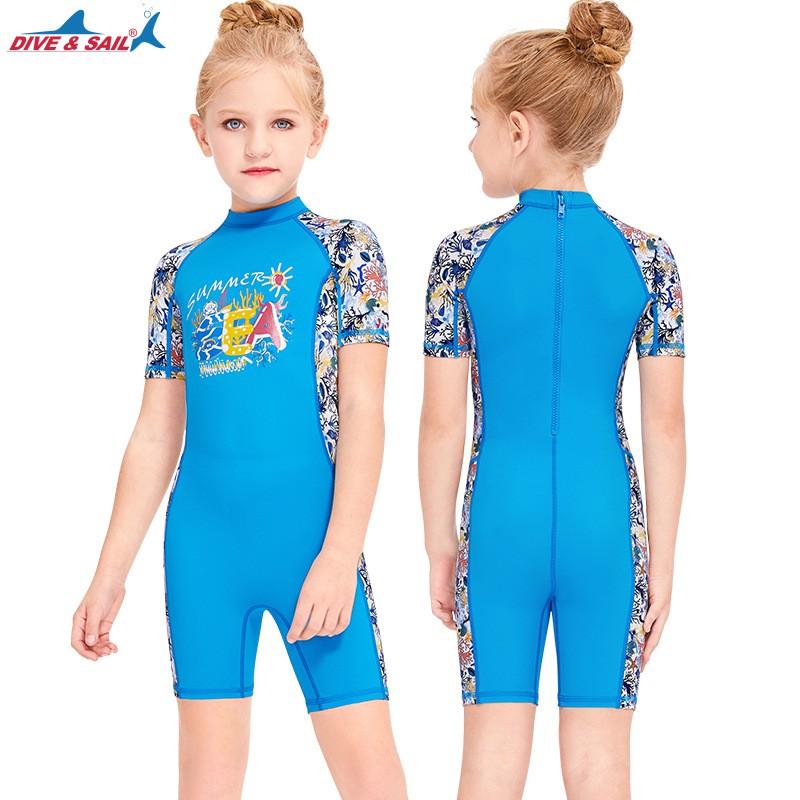 Children's Swimming Clothes Girls Sunscreen Quick-drying One-piece Short-sleeved Swimsuit Children Baby Hot