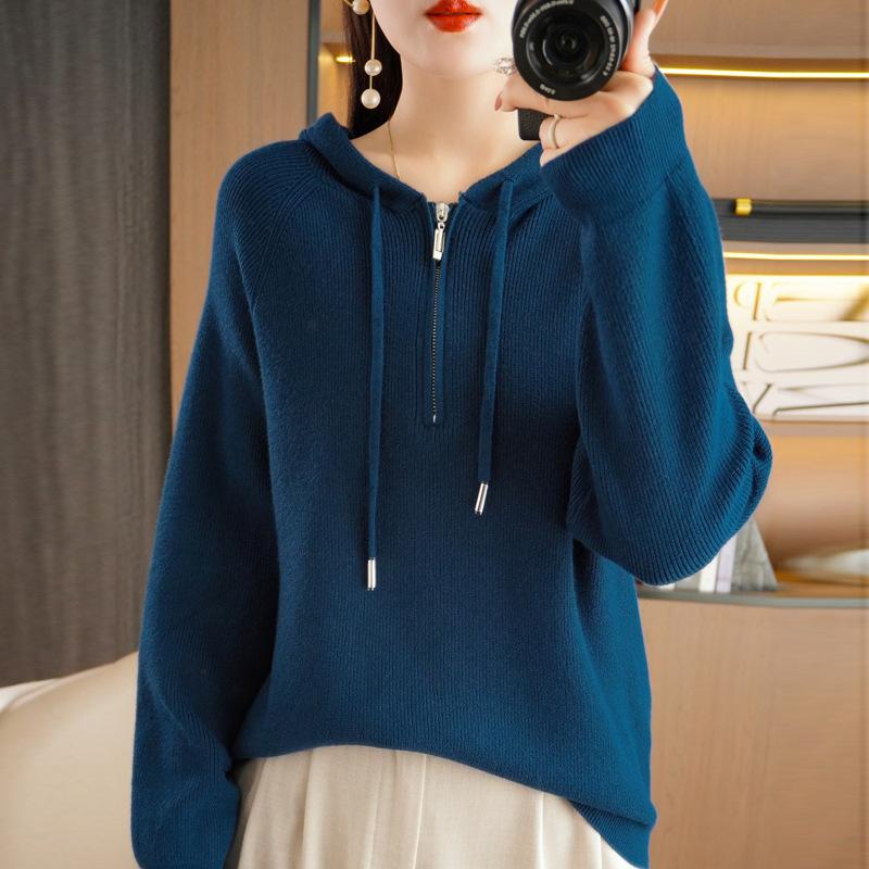 Hooded Solid Color Semi-new Drawstring Sweater Zipper Casual Loose Women's Pullover Andy Velvet Long-sleeved Bottoming Top