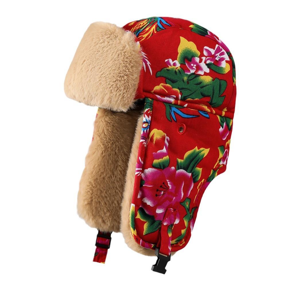 Ethnic Wind Big Flower Northeast Lei Feng Hat Women'S Winter Thickened Velvet Ear Protection Cotton Hat Outdoor Cold Cycling Windproof Hat