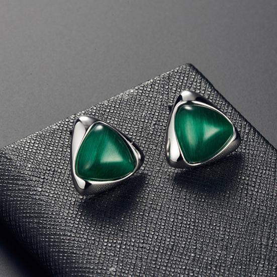 Women Faux Gemstone Triangular Pendant Necklace Ear Stud Earrings Jewelry Set