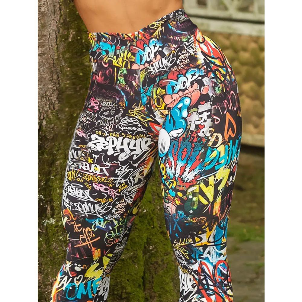 Hochelastische Fitness-Laufleggings für Sport und Yoga, Damen High-Waist Basisschicht-Leggings mit Cartoon-Alphabet-Graffiti