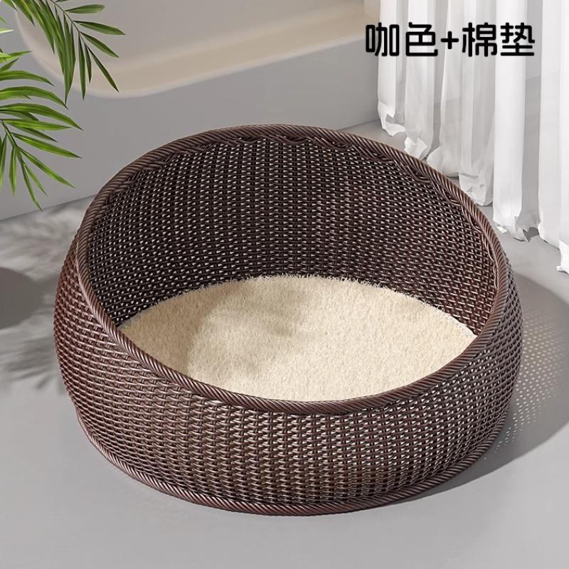 Imitation Rattan Cat House All Season Semi-Enclosed Pet Shelter Breathable Summer Cat Cave Cozy Woven Kittens Bed for Indoor