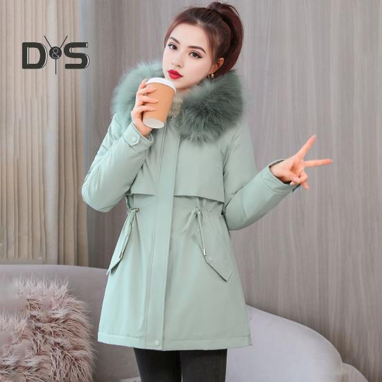 Winter-Daunenmantel, dick gepolstert, Plüschkapuze, mittellang, winddicht, Taschen, lange Ärmel, verstellbarer Kordelzug, Baumwolljacke für den Alltag