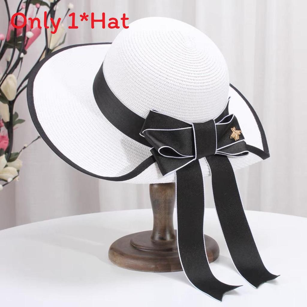 Summer Korean Style Butterfly Bow Straw Hat Large Brim Sun Hat For Beach Vacation Sun Protection