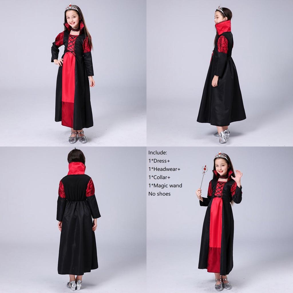 Enchanting Kids Girls Queen Costume Lace Up Witch Dress For Halloween Cosplay