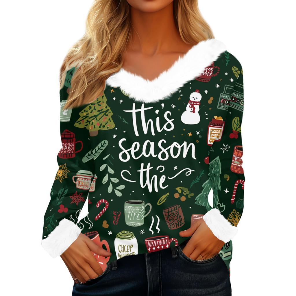 Women's Casual Fashion Long Sleeve Christmas Printed Flannel Collar Top
