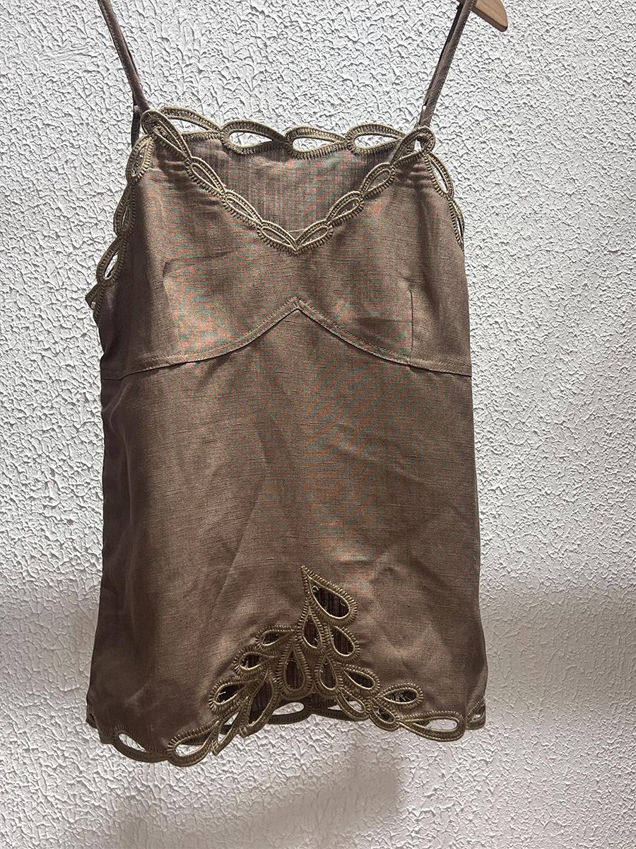 Тонкий льняной вышитый топ-майка для женщин - Коллекция Лето 2026 S льняной/зелёный